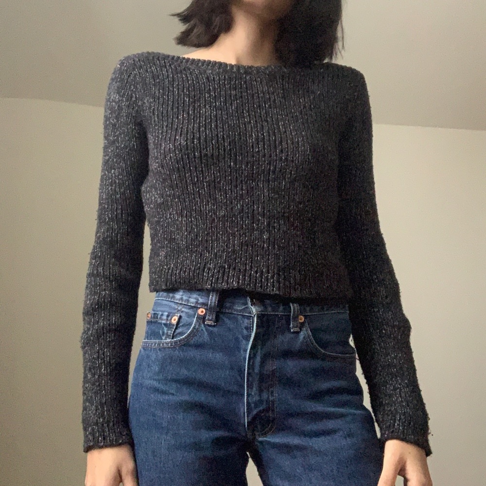 Roots Crop Knit Boatneck Sweater Black and White Speckle